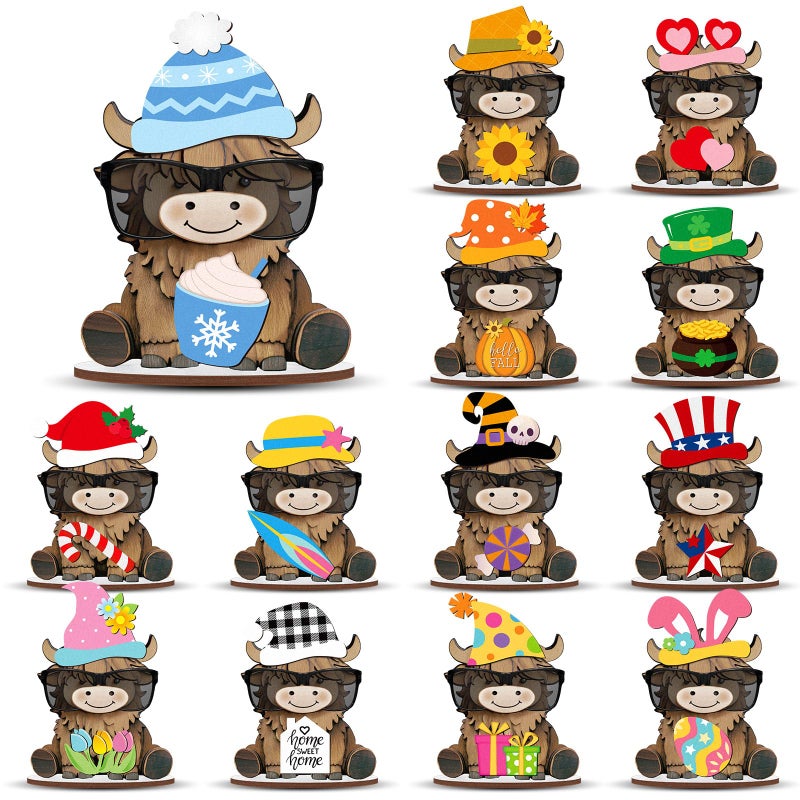 Tellegloww 27 Pcs Interchangeable Highland Cow Decor Seasonal Holiday Eyeglass Holder Valentines Decoration Wooden Cow Signs Farmhouse Table Centerpiece Rustic Tiered Tray Decor for Home Office Gift - Image 1