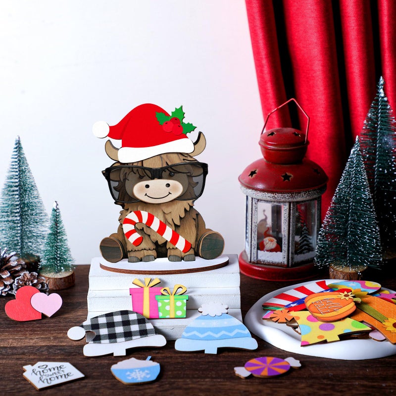 Tellegloww 27 Pcs Interchangeable Highland Cow Decor Seasonal Holiday Eyeglass Holder Valentines Decoration Wooden Cow Signs Farmhouse Table Centerpiece Rustic Tiered Tray Decor for Home Office Gift - Image 5