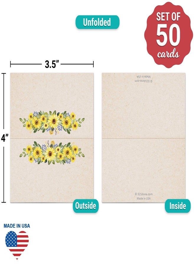 321 دن بطاقات أماكن جلوس بتصميم زهرة عباد الشمس من 321Done، صنع في الولايات المتحدة الأمريكية - بطاقات صغيرة فارغة مقاس 3.5 × 2 بوصة لوضع الأسماء على طاولة الطعام، مناسبة لحفلات العشاء، حفلات الزفاف، بوفيهات، بتصميم خيمة ريفية بلون بني فاتح - مجموعة من 50 بطاقة - Image 4
