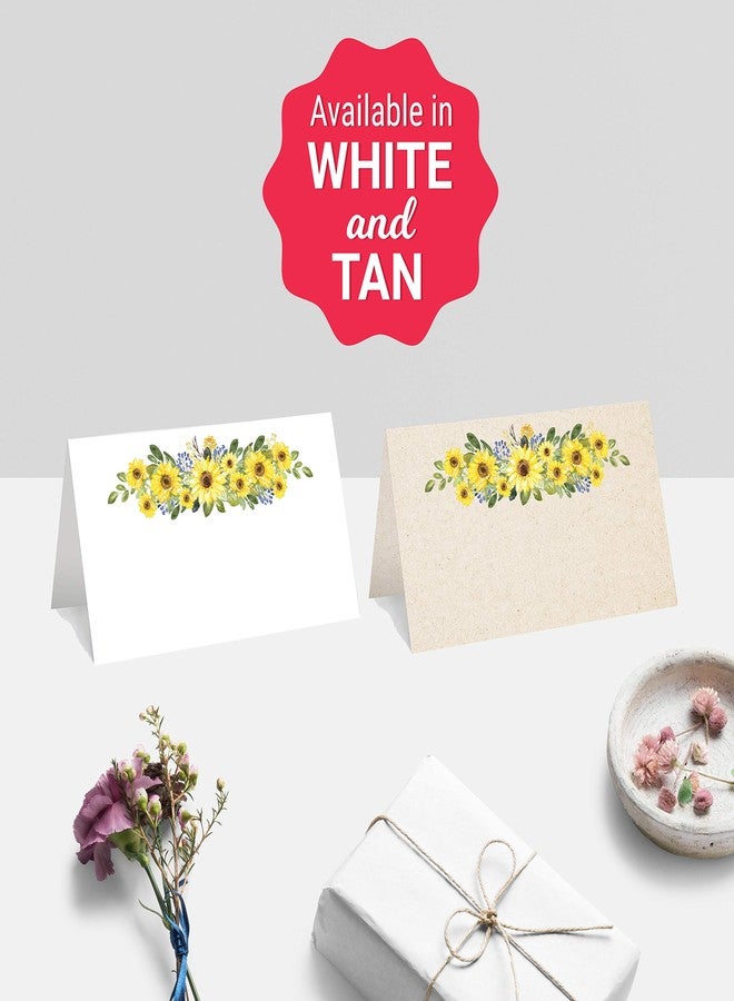 321 دن بطاقات أماكن جلوس بتصميم زهرة عباد الشمس من 321Done، صنع في الولايات المتحدة الأمريكية - بطاقات صغيرة فارغة مقاس 3.5 × 2 بوصة لوضع الأسماء على طاولة الطعام، مناسبة لحفلات العشاء، حفلات الزفاف، بوفيهات، بتصميم خيمة ريفية بلون بني فاتح - مجموعة من 50 بطاقة - Image 5