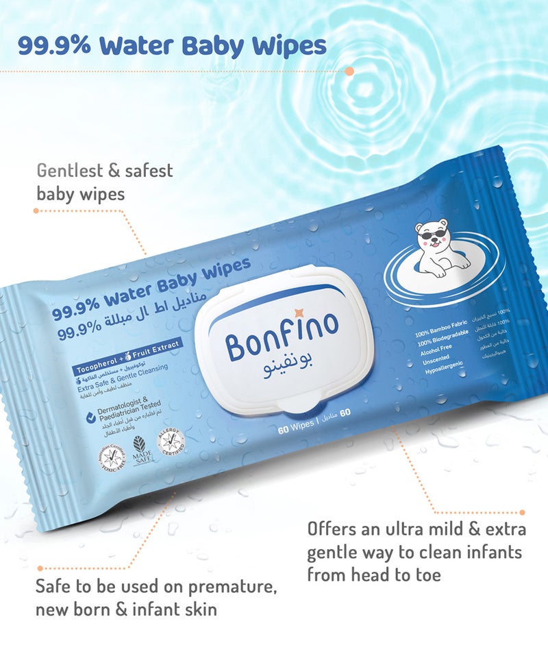 Bonfino Hypoallergenic 99.9% Water Baby Wipes, Alcohol & Fragrance-Free, Biodegradable Bamboo, Pack of 4 - 240 Pieces - Image 4