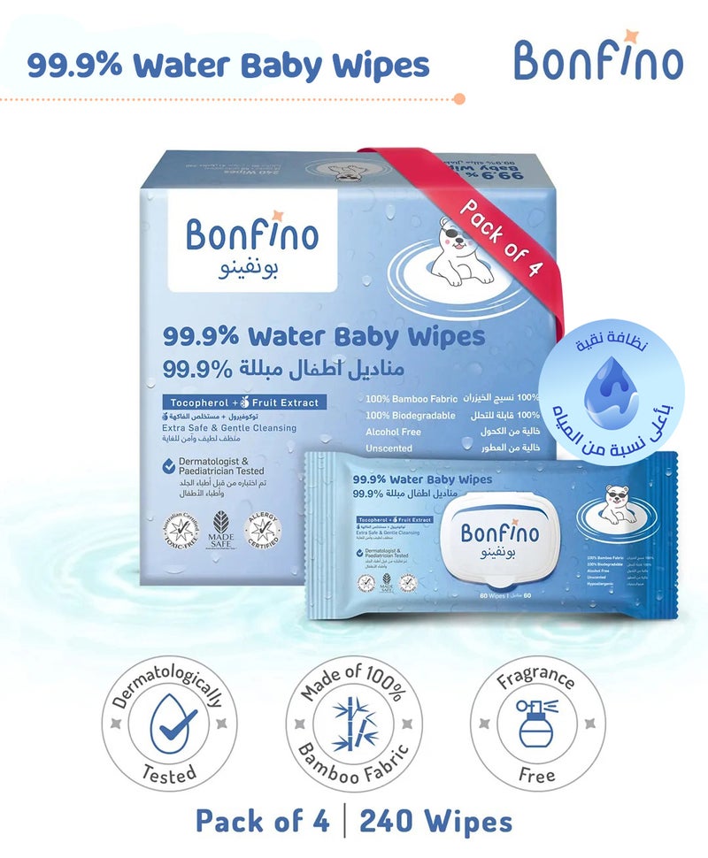 Bonfino Hypoallergenic 99.9% Water Baby Wipes, Alcohol & Fragrance-Free, Biodegradable Bamboo, Pack of 4 - 240 Pieces - Image 1