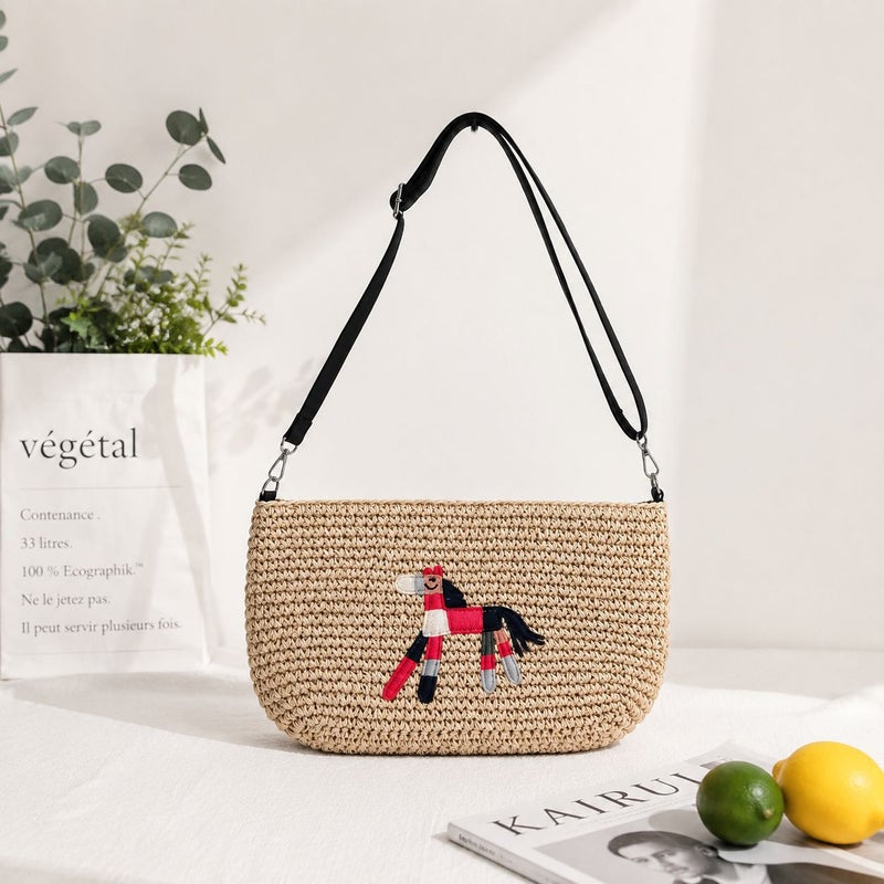 Women's Embroidered Straw Woven Shoulder Bag - Image 1