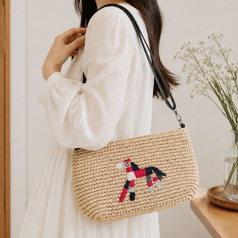 Women's Embroidered Straw Woven Shoulder Bag - Image 4