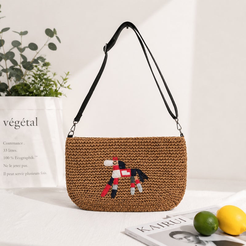 Women's Embroidered Straw Woven Shoulder Bag - Image 2