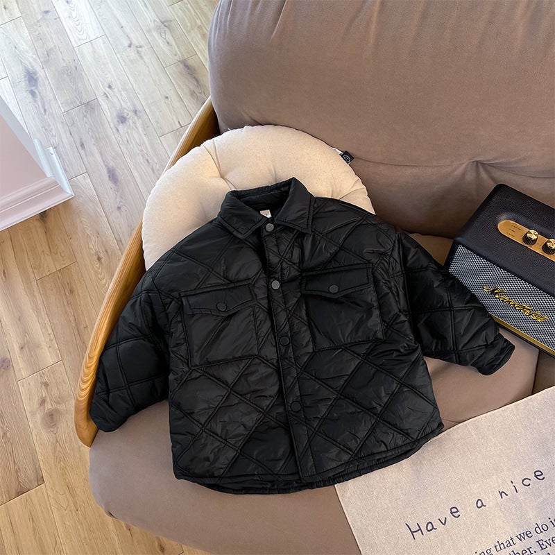 Boys light cotton-padded jacket 2024 autumn and winter new childrens clip cotton coat warm cotton coat western style baby winter coat Black 