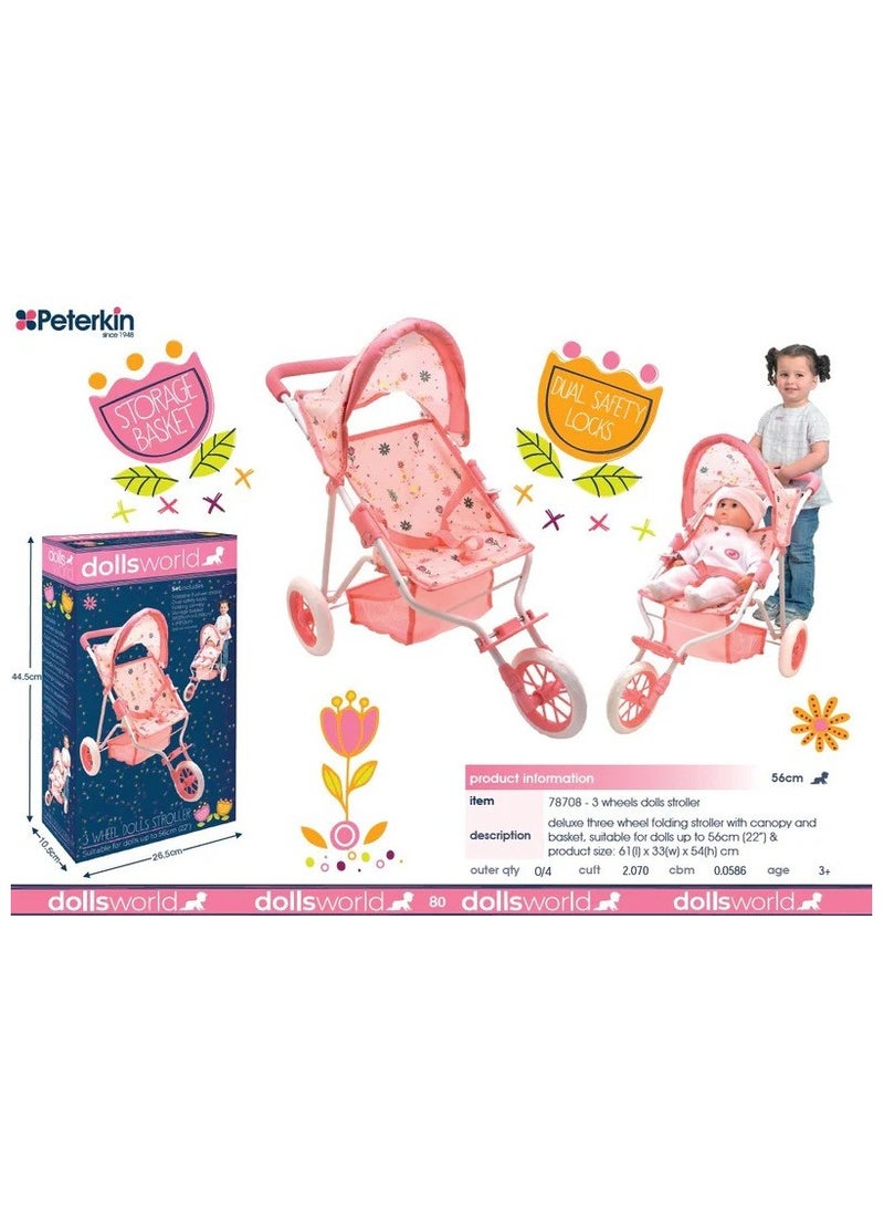 dolls world Dolls World Deluxe Three Wheel Folding Stroller with Canopy, Pink/Blue, doll not included  - Image 3