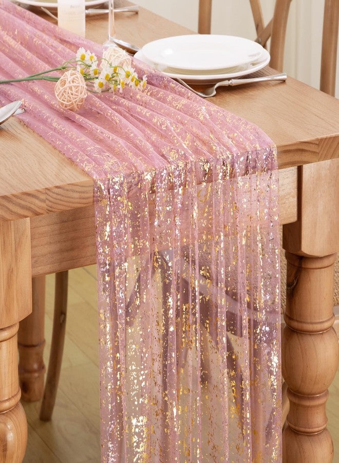 P Pothuiny 2 Pcs Dusty Pink Table Runner 28 x 120 Inch, Glitter Metallic Foil Tulle Table Runner Party Golden Sheer Gauze Table Decor for Wedding Birthday Christmas Anniversary - Image 1