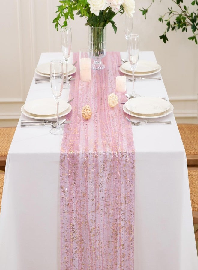 P Pothuiny 2 Pcs Dusty Pink Table Runner 28 x 120 Inch, Glitter Metallic Foil Tulle Table Runner Party Golden Sheer Gauze Table Decor for Wedding Birthday Christmas Anniversary - Image 2
