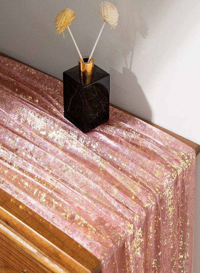 P Pothuiny 2 Pcs Dusty Pink Table Runner 28 x 120 Inch, Glitter Metallic Foil Tulle Table Runner Party Golden Sheer Gauze Table Decor for Wedding Birthday Christmas Anniversary - Image 3