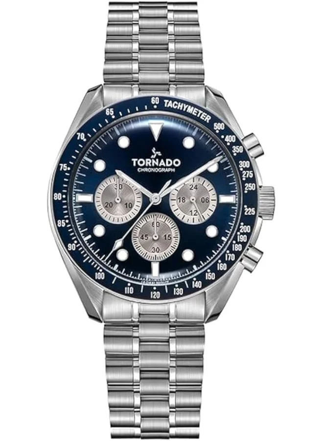 تورنيدو Tornado Cosmic Chrono Men's Miyota JS20 Movement Watch, Chronograph Display and Polished-Brushed Five Arched Links Solid Stainless Steel Bracelet Strap - T22103-SBSN, Silver