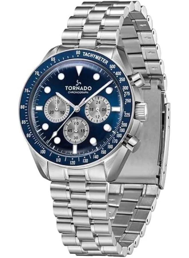 تورنيدو Tornado Cosmic Chrono Men's Miyota JS20 Movement Watch, Chronograph Display and Polished-Brushed Five Arched Links Solid Stainless Steel Bracelet Strap - T22103-SBSN, Silver