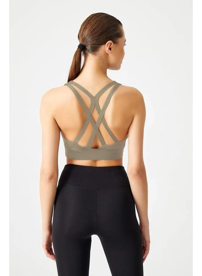 Los Ojos Khaki Support Back-Detail Covered Sports Bra with Strappy Back.