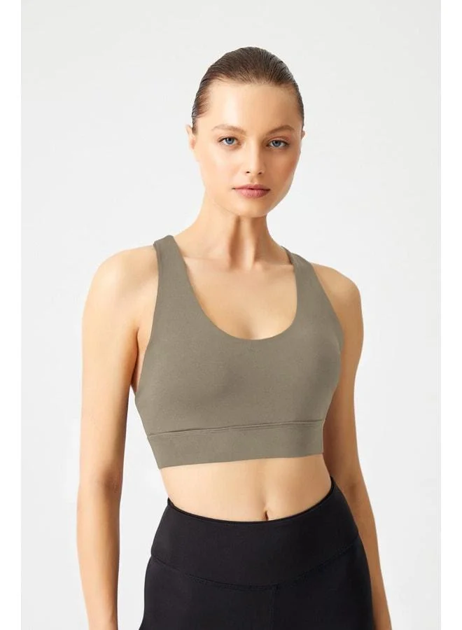 Los Ojos Khaki Support Back-Detail Covered Sports Bra with Strappy Back.