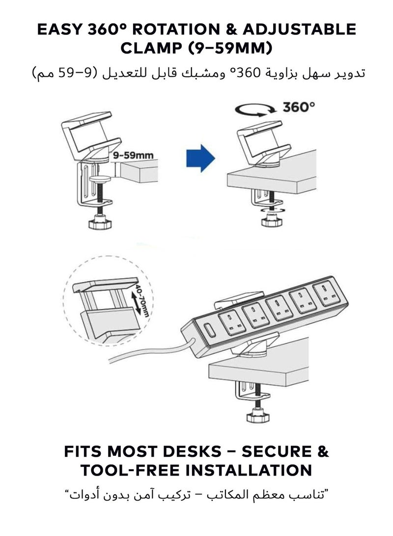 Newstar Power Strip Desk Mount Holder | Adjustable Clamp for Power Strips 4–6.5cm | 360° Rotating Design | Anti-Scratch Rubber Pads | Quick Installation | Black Metal Bracket - Image 3