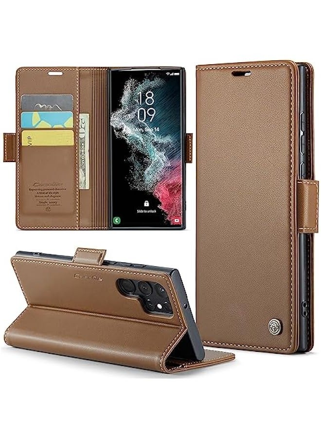 Samsung Galaxy S22 Ultra 5G Leather Wallet Case with RFID Blocking, Card Holder, and Magnetic Kickstand - Brown  - Image 1