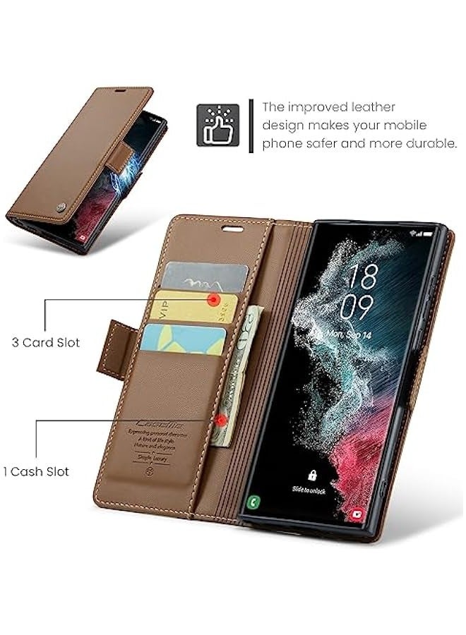 Samsung Galaxy S22 Ultra 5G Leather Wallet Case with RFID Blocking, Card Holder, and Magnetic Kickstand - Brown  - Image 4