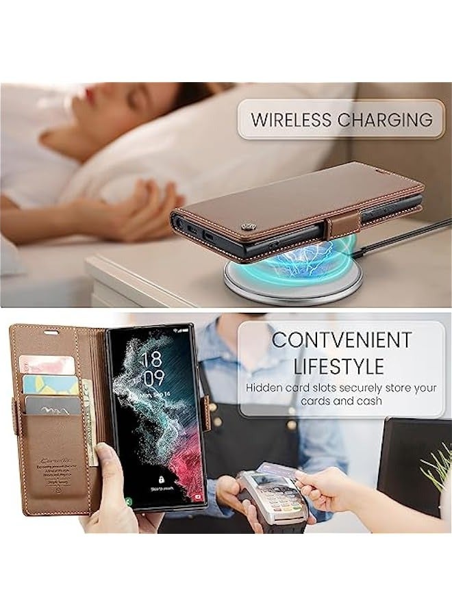 Samsung Galaxy S22 Ultra 5G Leather Wallet Case with RFID Blocking, Card Holder, and Magnetic Kickstand - Brown  - Image 5