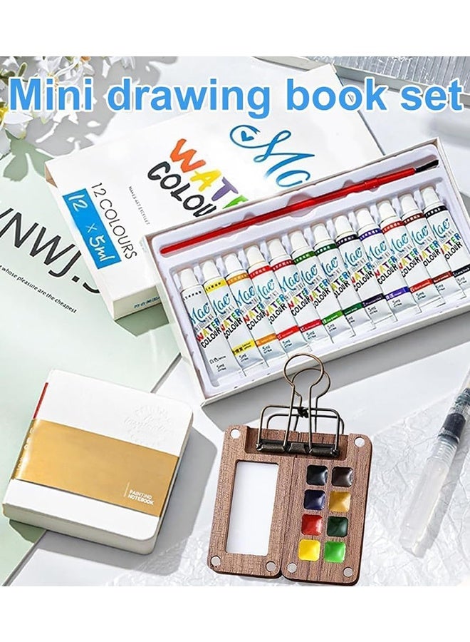 Sweet Life Mini Watercolor Paint Set Travel, Portable Travel Watercolor Palette Kit, 12 Colors Wooden Grid Paint Box, Watercolor Paper Pad Watercolor Sketch Book with Binder Clips for Painters Artists Students  - Image 2