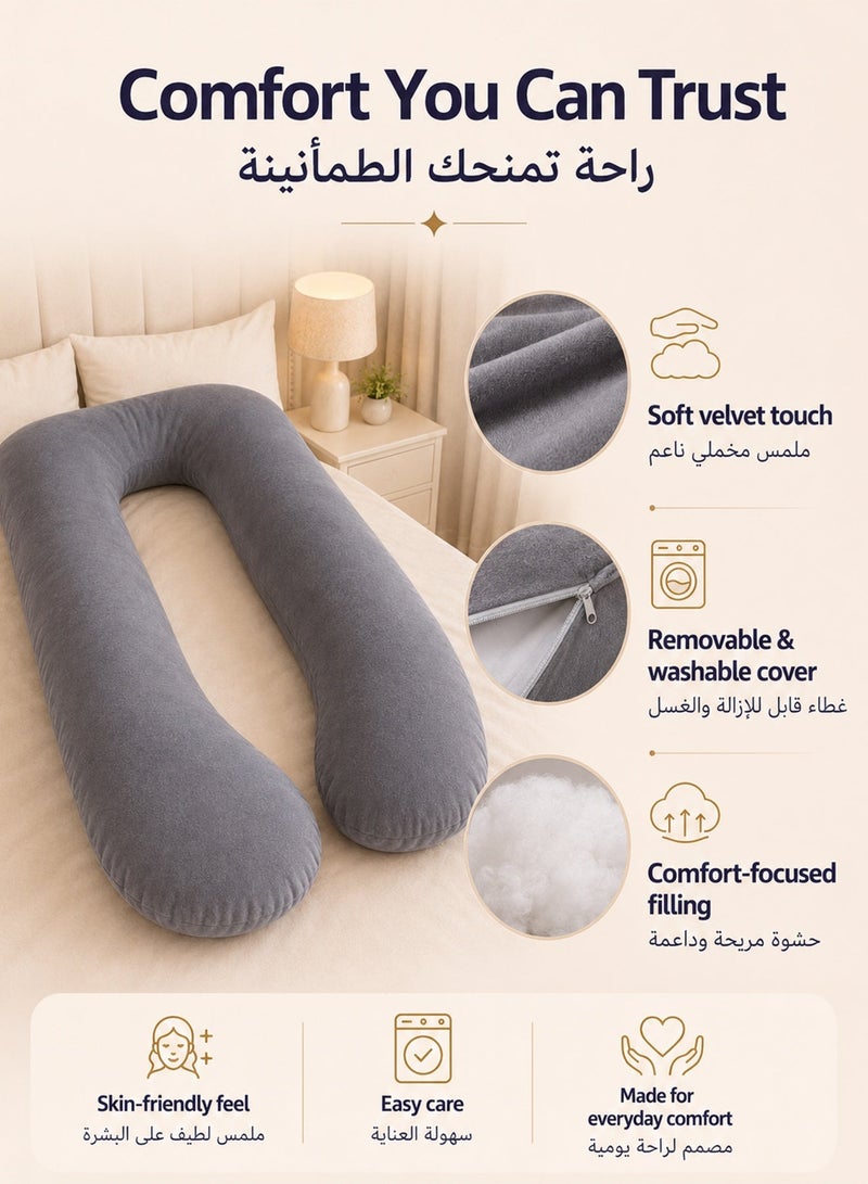 قف مخدة حمل على شكل U للجسم بالكامل، وسادة نوم للحامل بغطاء مخمل قابل للإزالة، دعم للبطن والظهر والوركين والساقين، 70×130 سم، رمادي - Image 2