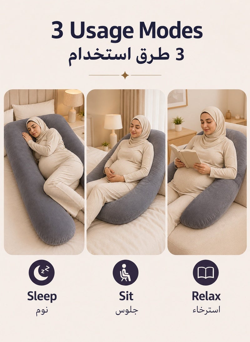 قف مخدة حمل على شكل U للجسم بالكامل، وسادة نوم للحامل بغطاء مخمل قابل للإزالة، دعم للبطن والظهر والوركين والساقين، 70×130 سم، رمادي - Image 5