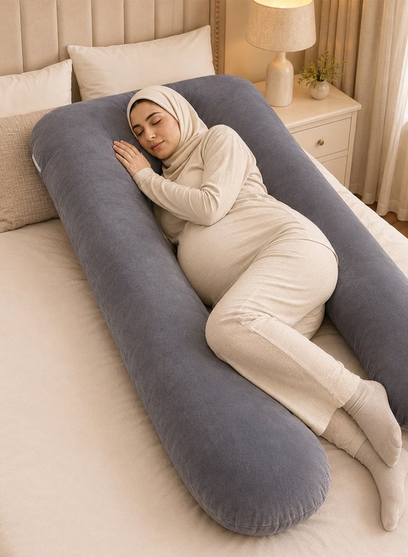 قف مخدة حمل على شكل U للجسم بالكامل، وسادة نوم للحامل بغطاء مخمل قابل للإزالة، دعم للبطن والظهر والوركين والساقين، 70×130 سم، رمادي - Image 1