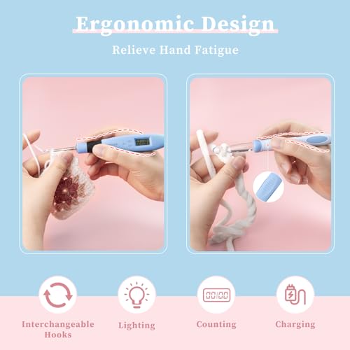 INMAKER Light up Crochet Hooks Ergonomic Soft Grip, Large Counting Crochet Hook Set Digital, Lighted Crochet Needles Kit with Case - Image 4