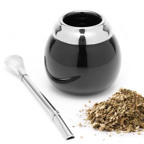 BALIBETOV Ceramic Yerba Mate Cup and Bombilla Set (Original Traditional Mate Cup - 6.7 Ounces) | Includes 1 Bombilla (Yerba Mate Straws to Use) | Ceramic Easy to Clean (Black) - Image 1