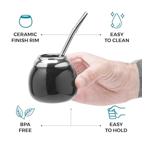 BALIBETOV Ceramic Yerba Mate Cup and Bombilla Set (Original Traditional Mate Cup - 6.7 Ounces) | Includes 1 Bombilla (Yerba Mate Straws to Use) | Ceramic Easy to Clean (Black) - Image 4