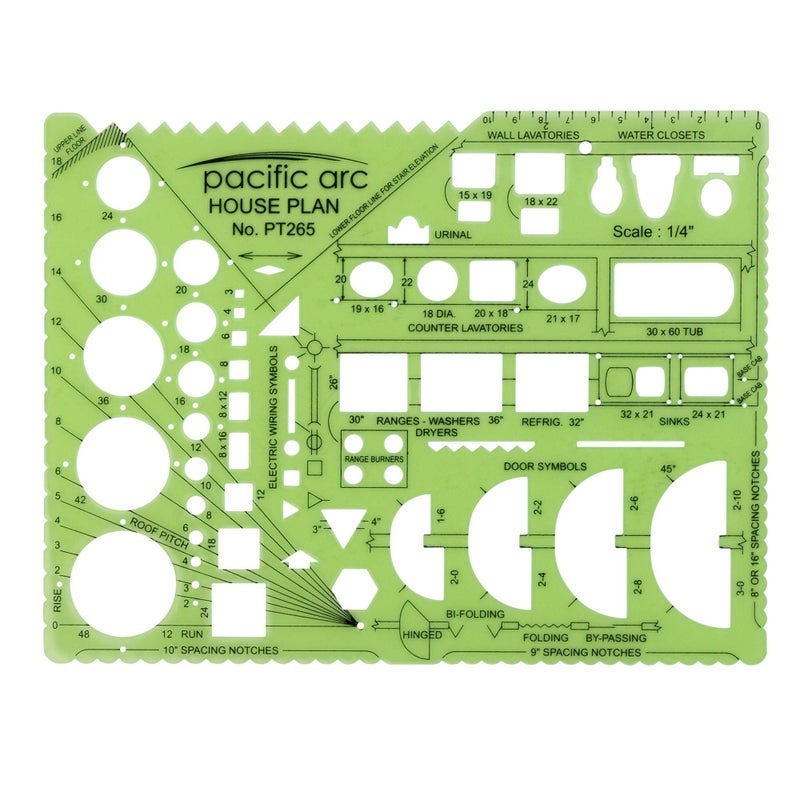 Pacific Arc House Plans Templates Guide, with Stairs, Doors, Plumbing, Kitchen Appliances, and Roof Pitch Gauge, Scale of 1/4 Inch to 1 Foot - Image 1