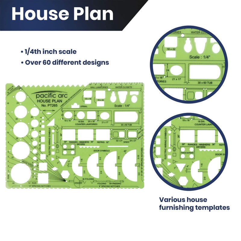 Pacific Arc House Plans Templates Guide, with Stairs, Doors, Plumbing, Kitchen Appliances, and Roof Pitch Gauge, Scale of 1/4 Inch to 1 Foot - Image 3
