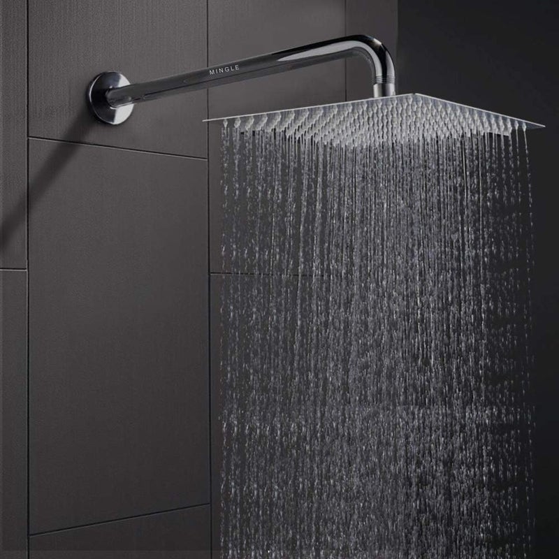 Mingle Mirror Stainless Steel Round Ultra Slim High Pressure Rainfall Shower Head for bathroom With 12inch Arm Fit Pack of 1 12X12 24 INCH LONG J BEND - Image 1