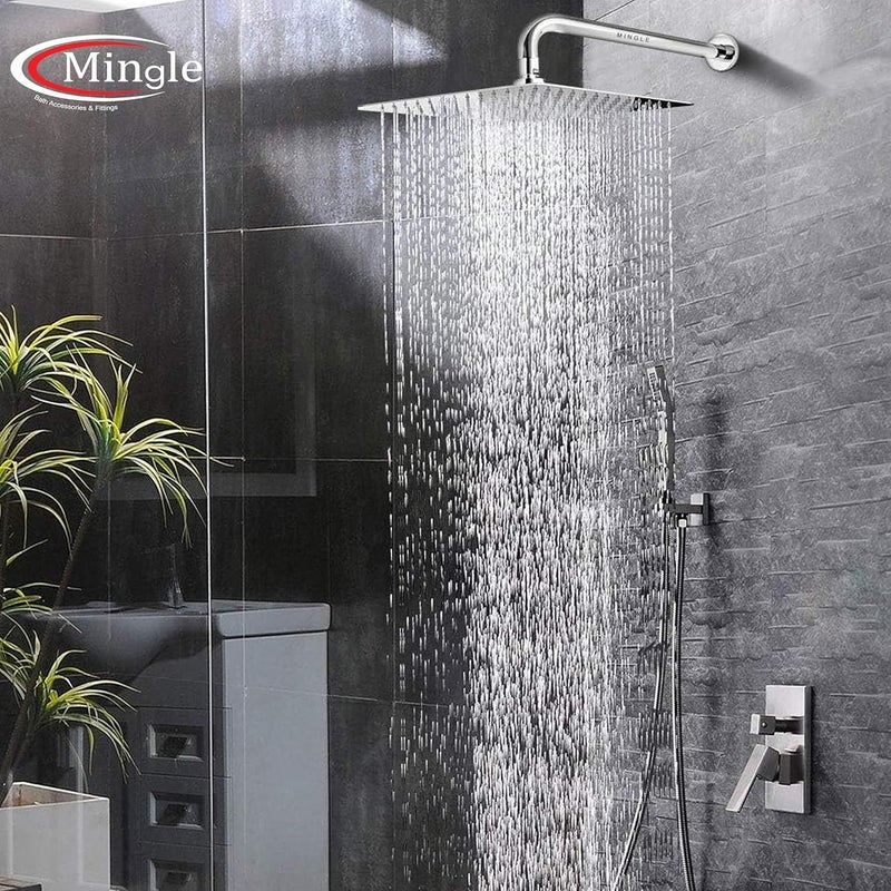 Mingle Mirror Stainless Steel Round Ultra Slim High Pressure Rainfall Shower Head for bathroom With 12inch Arm Fit Pack of 1 12X12 24 INCH LONG J BEND - Image 3
