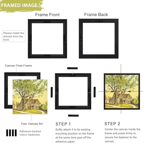 Abtgt 12x12 Canvas Floating Frame with 0.9" Deep, Black Floater Frame for Canvas Paintings with Adhesive, Vertical or Horizontal Wall Art frame for Prints Oil Painting Diamond Decor, 1 Pack. - Image 2