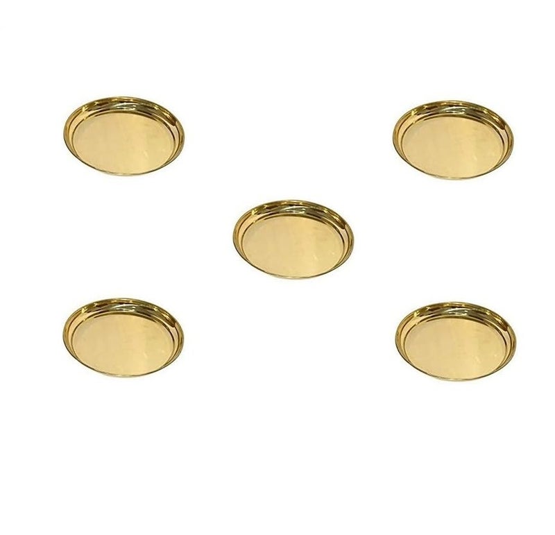Damurhu Pure Brass Multipurpose HalwaPoojaSnacksRiceBhojan PlatePatra 8 Inches Size8 Set of 5 Pcs for Home and Puja PurposeEspecially Hindu Traditional Occasions - Image 1