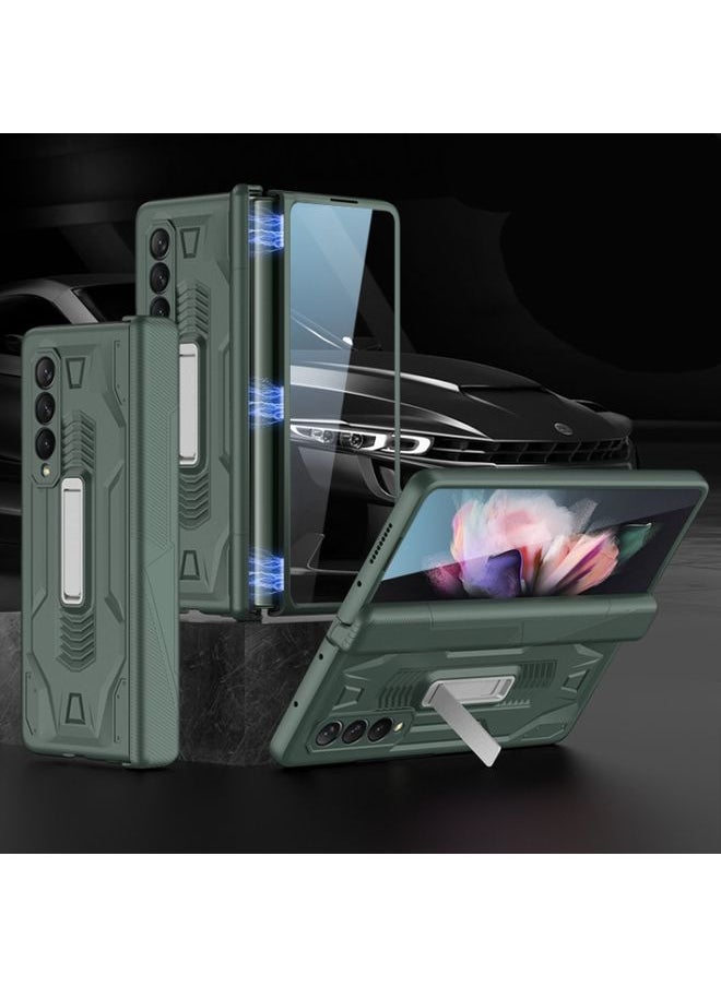 Generic Case Cover For Samsung Galaxy Z Fold 3 5G Integrated Magnetic Armor Flip Phone Case with Holder Dark Green 