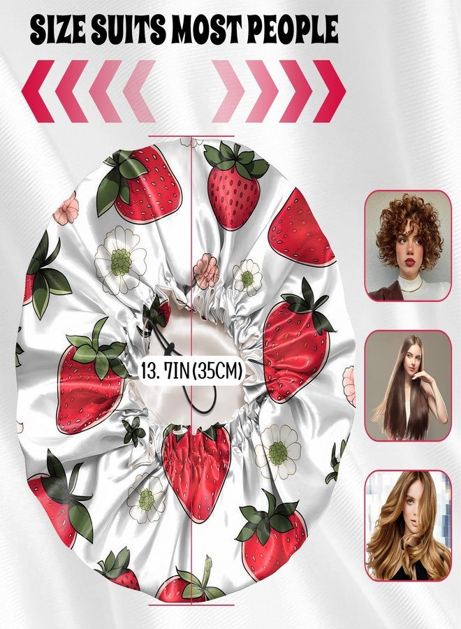 BHAHB Luxury Shower Cap Satin Lined Reusable Waterproof Double Layer Elastic Adjustable Hair Bath Cap Cute Aesthetic Women Girls-Strawberry - Image 2