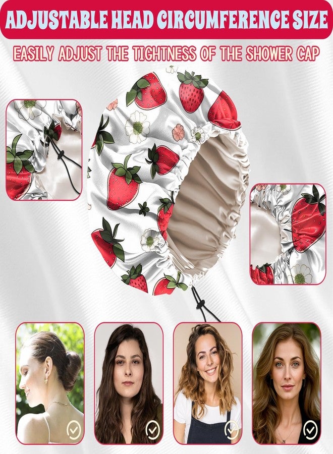 BHAHB Luxury Shower Cap Satin Lined Reusable Waterproof Double Layer Elastic Adjustable Hair Bath Cap Cute Aesthetic Women Girls-Strawberry - Image 3