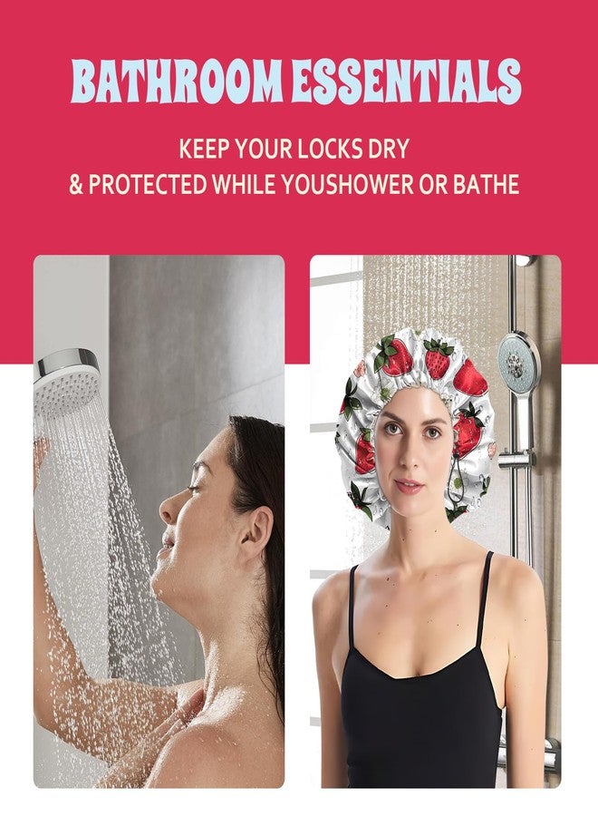 BHAHB Luxury Shower Cap Satin Lined Reusable Waterproof Double Layer Elastic Adjustable Hair Bath Cap Cute Aesthetic Women Girls-Strawberry - Image 5