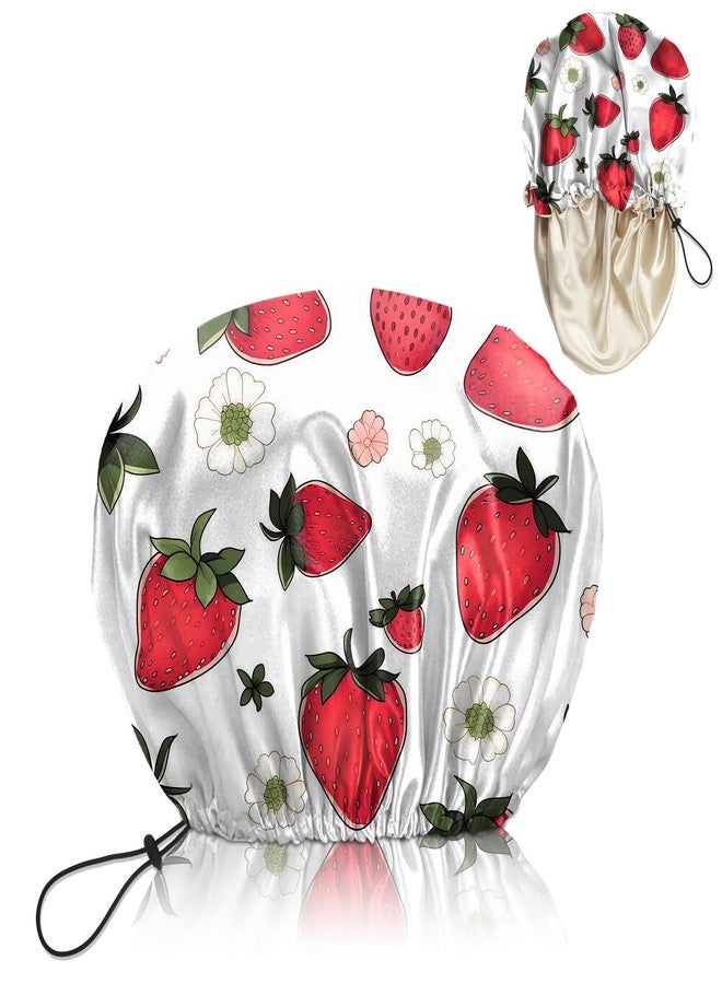 BHAHB Luxury Shower Cap Satin Lined Reusable Waterproof Double Layer Elastic Adjustable Hair Bath Cap Cute Aesthetic Women Girls-Strawberry - Image 1