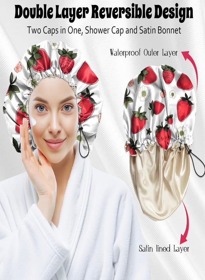 BHAHB Luxury Shower Cap Satin Lined Reusable Waterproof Double Layer Elastic Adjustable Hair Bath Cap Cute Aesthetic Women Girls-Strawberry - Image 4