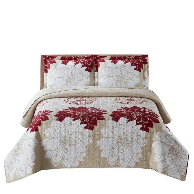 HELENABURGUNDY REVERSIBLE COVERLETS QUEEN OVERSIZED 3PC QUILT SET 92INCH WIDE X 96INCH LONG LIGHTWEIGHT BEDSPREAD