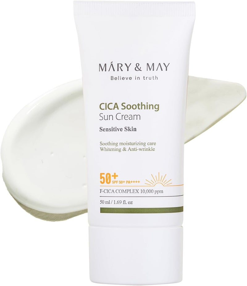 MARY & MAY كريم شمس مهدئ فيغان سيكا SPF50+ PA++++ - واقي شمس كوري خفيف الوزن مع سنتيلا أسياتيكا، نياسيناميد وحمض الهيالورونيك، 50 مل - Image 1