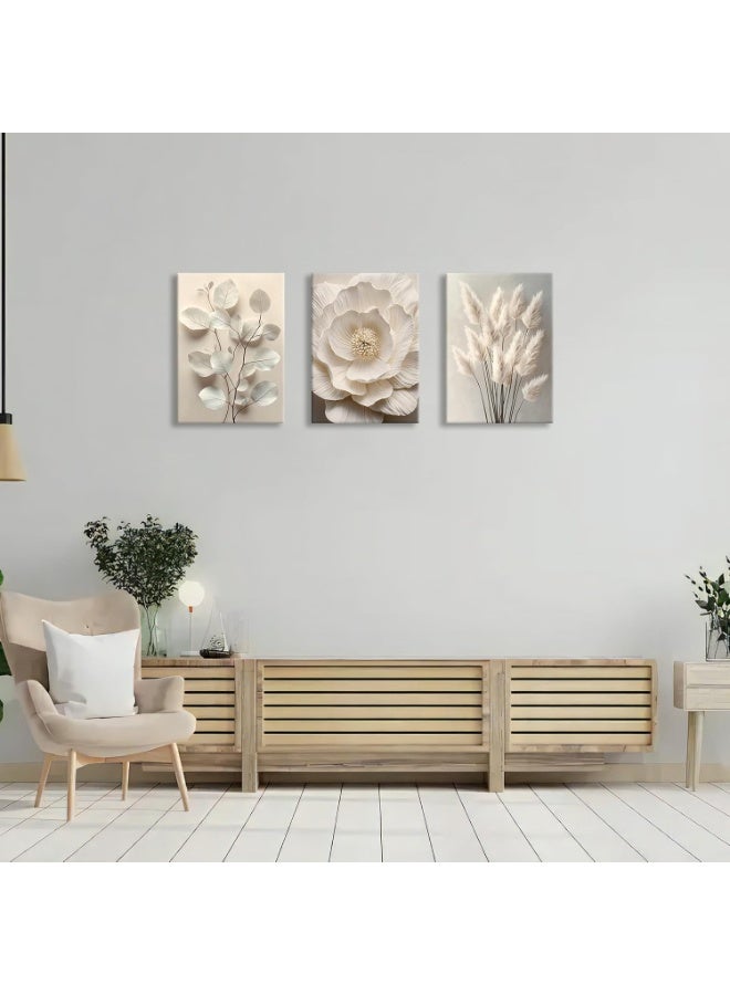 INSIJAM Set Of 3 Framed Canvas Wall Arts Neutral Beige Floral Plant Canvas Wall Art 40x30cm Boho Textured Flower Botanical Framed Wall Painting Pictures Blossom Wall Decor Poster Prints for Bedroom Living Room Office Ready to Hang - Image 4