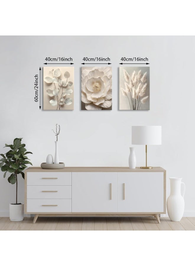 INSIJAM Set Of 3 Framed Canvas Wall Arts Neutral Beige Floral Plant Canvas Wall Art 40x30cm Boho Textured Flower Botanical Framed Wall Painting Pictures Blossom Wall Decor Poster Prints for Bedroom Living Room Office Ready to Hang - Image 3