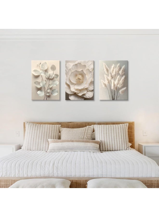 INSIJAM Set Of 3 Framed Canvas Wall Arts Neutral Beige Floral Plant Canvas Wall Art 40x30cm Boho Textured Flower Botanical Framed Wall Painting Pictures Blossom Wall Decor Poster Prints for Bedroom Living Room Office Ready to Hang - Image 1