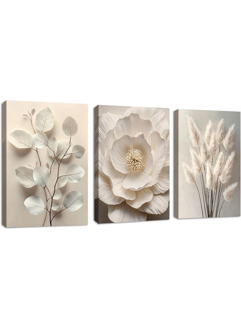 INSIJAM Set Of 3 Framed Canvas Wall Arts Neutral Beige Floral Plant Canvas Wall Art 40x30cm Boho Textured Flower Botanical Framed Wall Painting Pictures Blossom Wall Decor Poster Prints for Bedroom Living Room Office Ready to Hang - Image 2