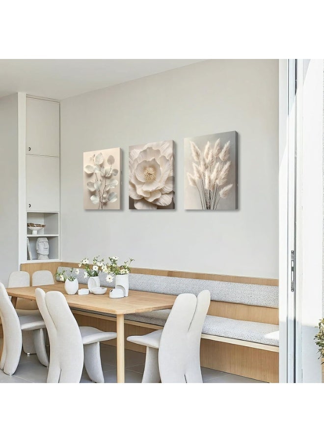 INSIJAM Set Of 3 Framed Canvas Wall Arts Neutral Beige Floral Plant Canvas Wall Art 40x30cm Boho Textured Flower Botanical Framed Wall Painting Pictures Blossom Wall Decor Poster Prints for Bedroom Living Room Office Ready to Hang - Image 5