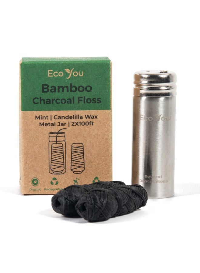 EcoYou Bamboo Charcoal Dental Floss | Mint & Candelilla Wax | Vegan & Biodegradable (2 Refills with Metal Holder) - Image 1