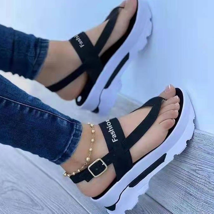 2022 summer cross-border foreign trade large size wedge heel clip toe buckle sandals women's Southeast Asia new outer wear Roman sandals black 37 - Image 1